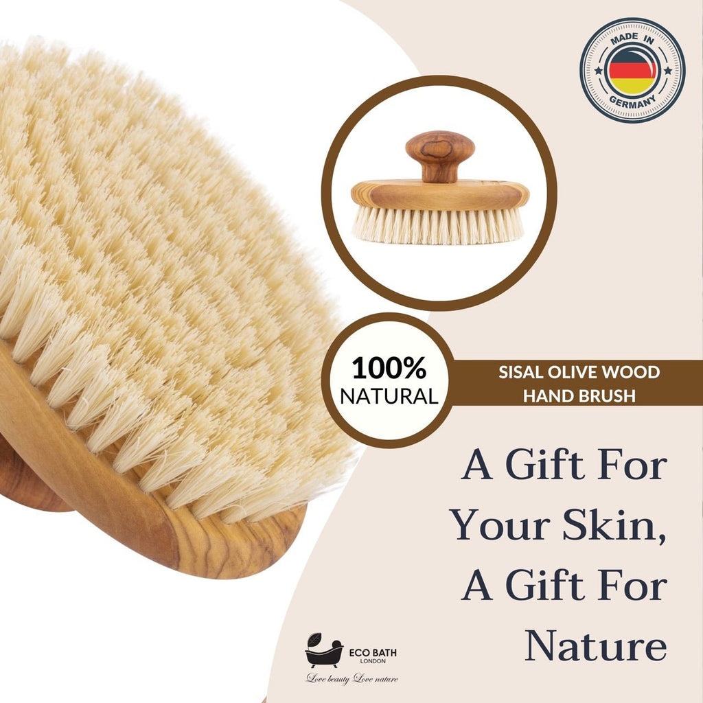 Natural Sisal Olive Wood Hand Brush for Dry Brushing and Exfoliation