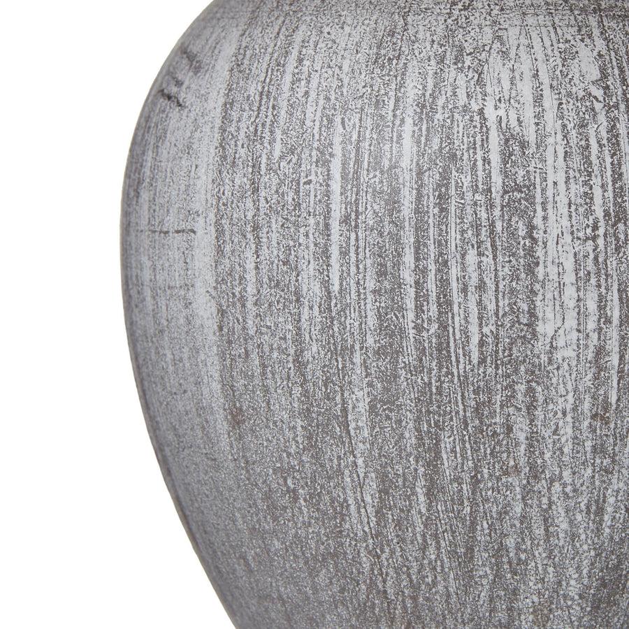 Otem urn table lamp with white linen shade and pewter-toned distressed wood base, 25cm height by Sostter at brixbailey.com