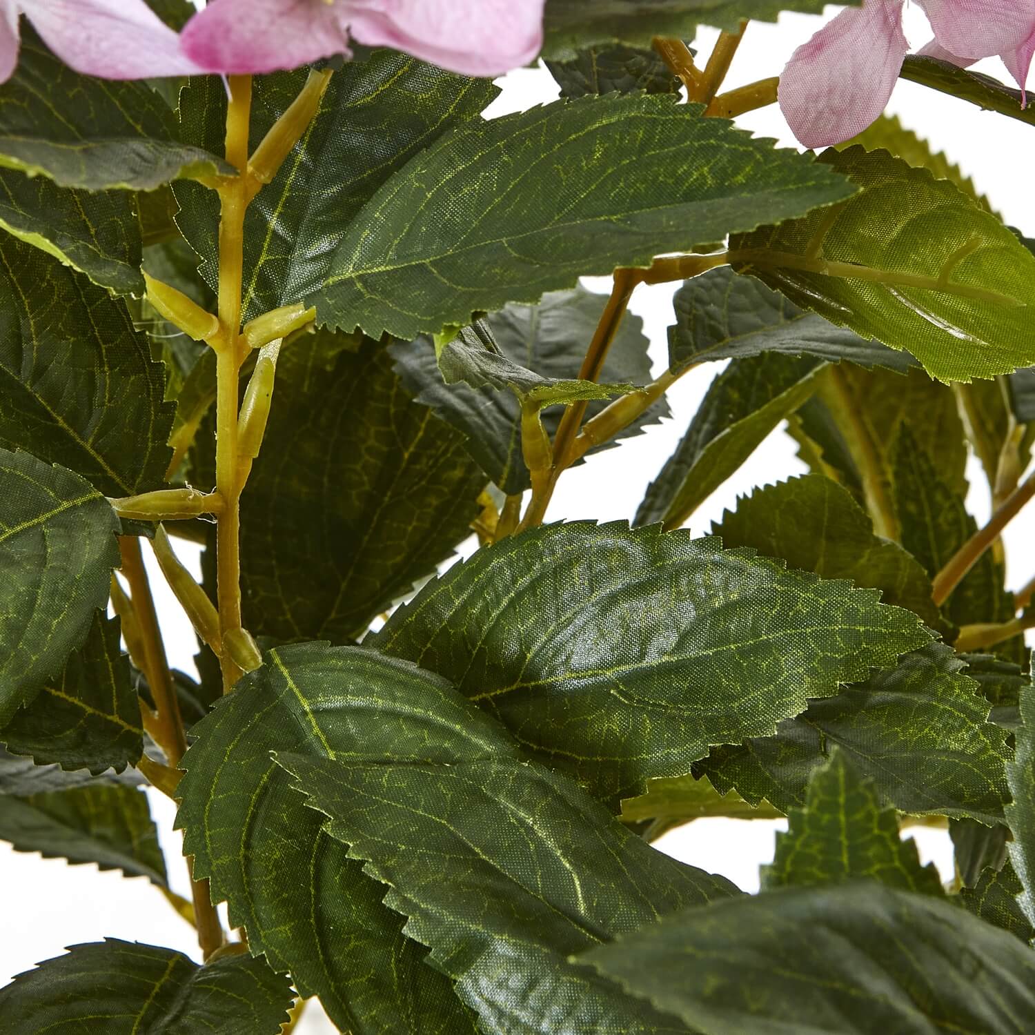 Large pink faux hydrangea plant in pot, lifelike soft pastel blooms, ready-to-display home decor centerpiece by Sostter at brixbailey.com