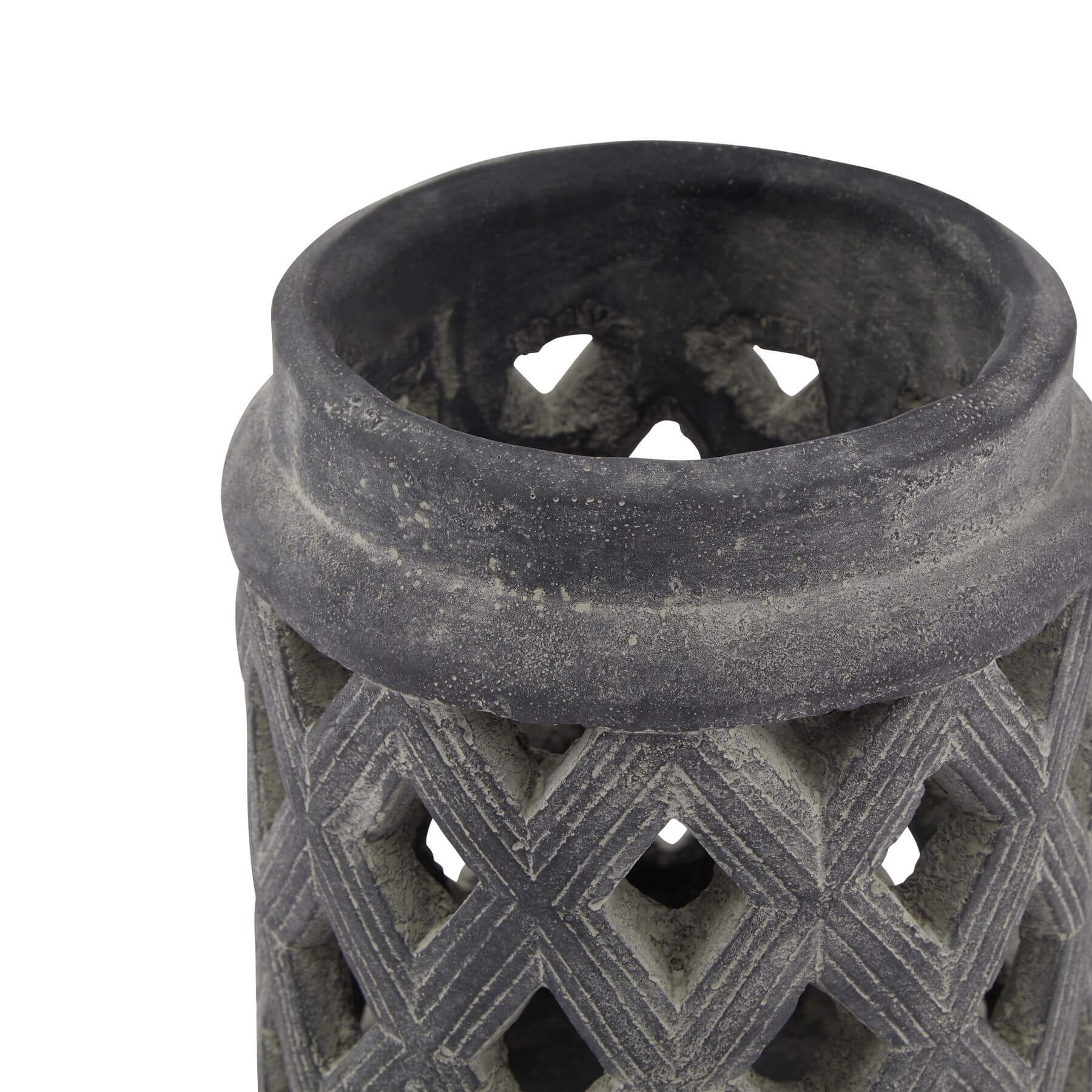 Grey Lattice Lantern with ceramic base and metal detailing, casting geometric shadow patterns, weathered grey finish by Sostter at brixbailey.com