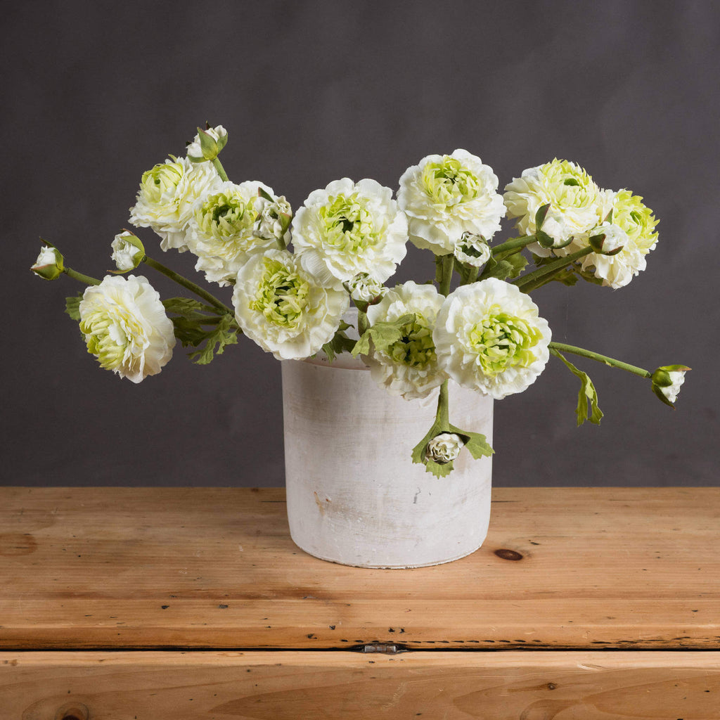 Green ranunculus spray with ultra-realistic plastic blooms, natural green color, 44 cm tall, for home decor or weddings by Sostter at brixbailey.com
