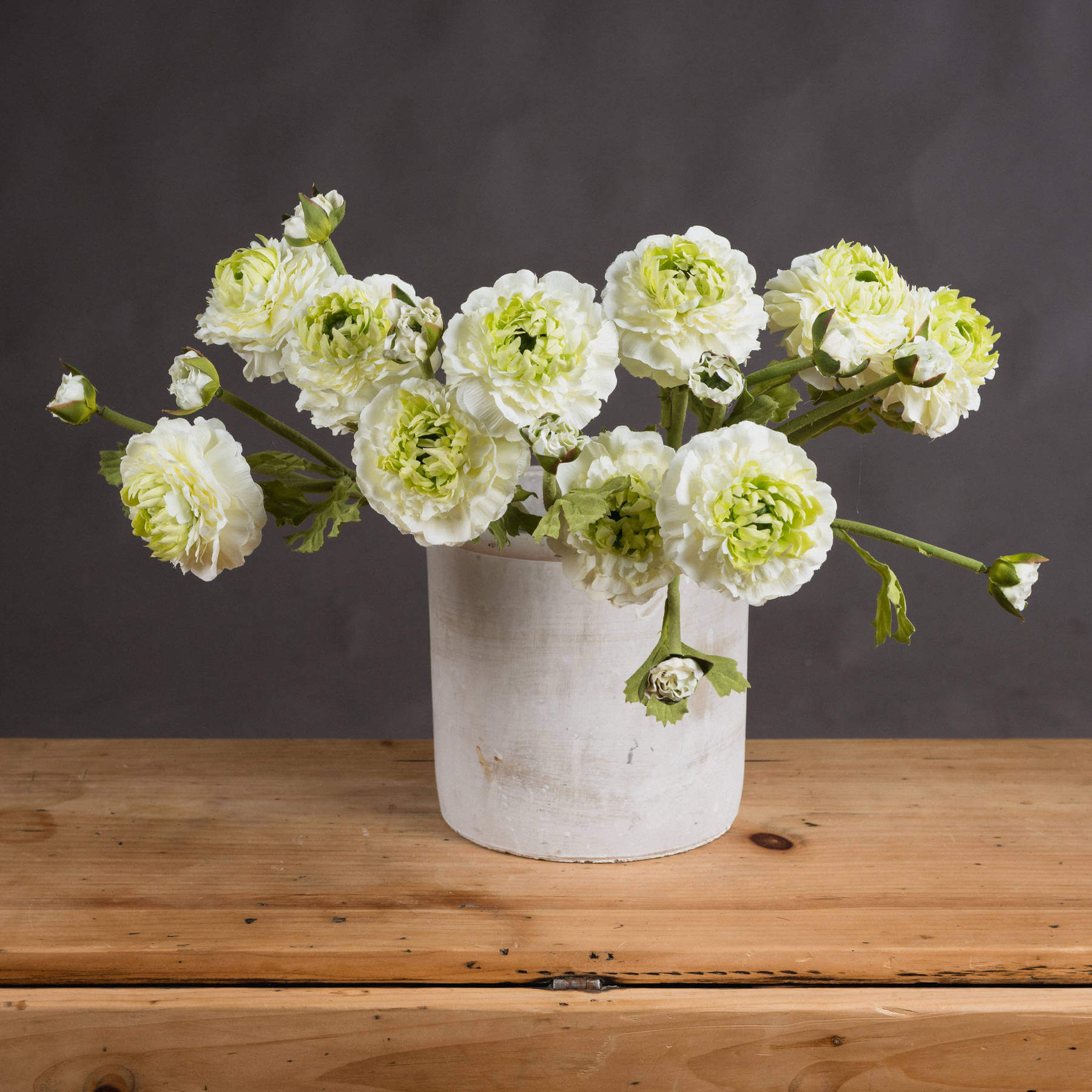Green ranunculus spray with ultra-realistic plastic blooms, natural green color, 44 cm tall, for home decor or weddings by Sostter at brixbailey.com