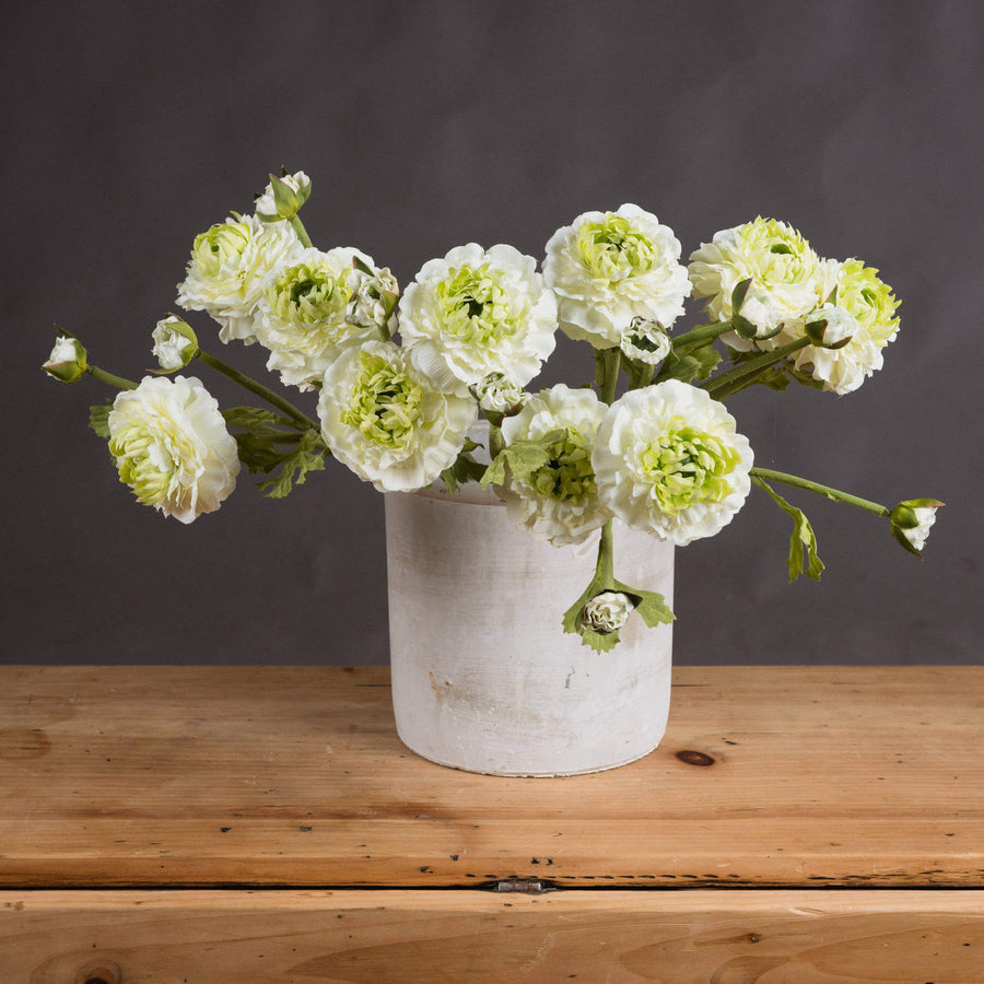 Green ranunculus spray with ultra-realistic plastic blooms, natural green color, 44 cm tall, for home decor or weddings by Sostter at brixbailey.com