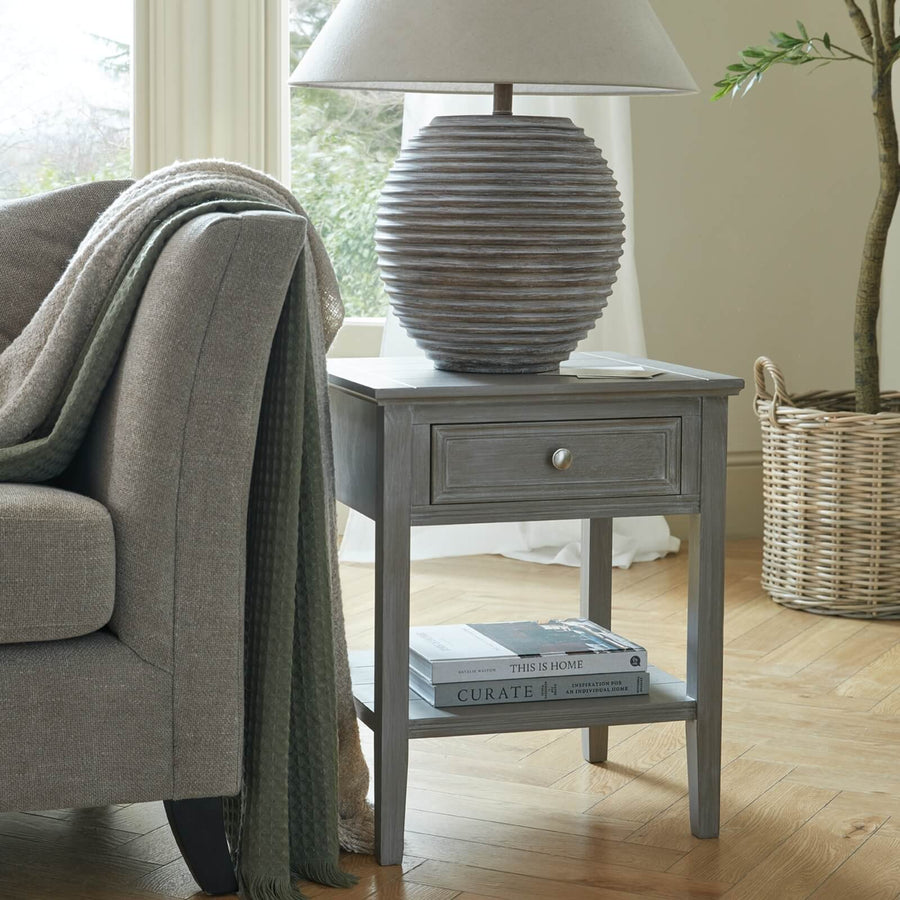 Saturn Table Lamp with ceramic base and linen shade in warm earthy brown for modern home decor by Sostter at brixbailey.com