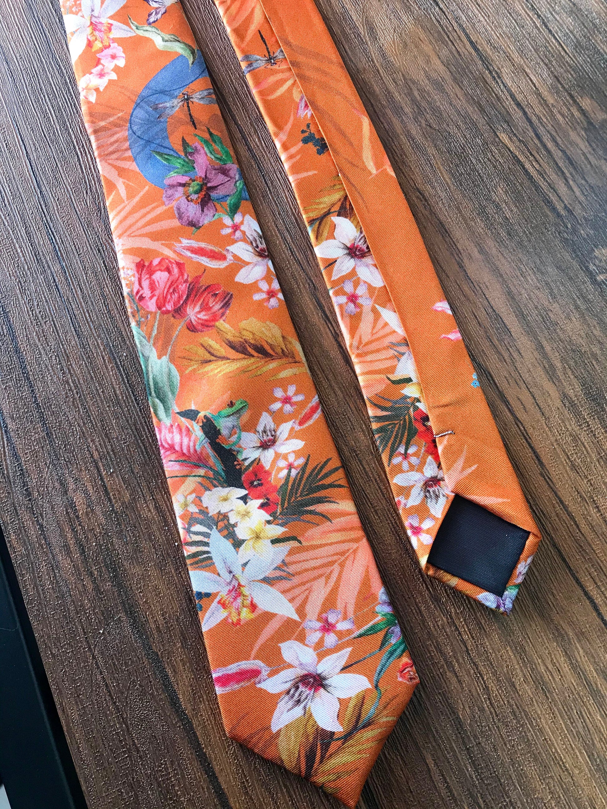 Rust Orange Silk Tie with Tropical Eden Print
