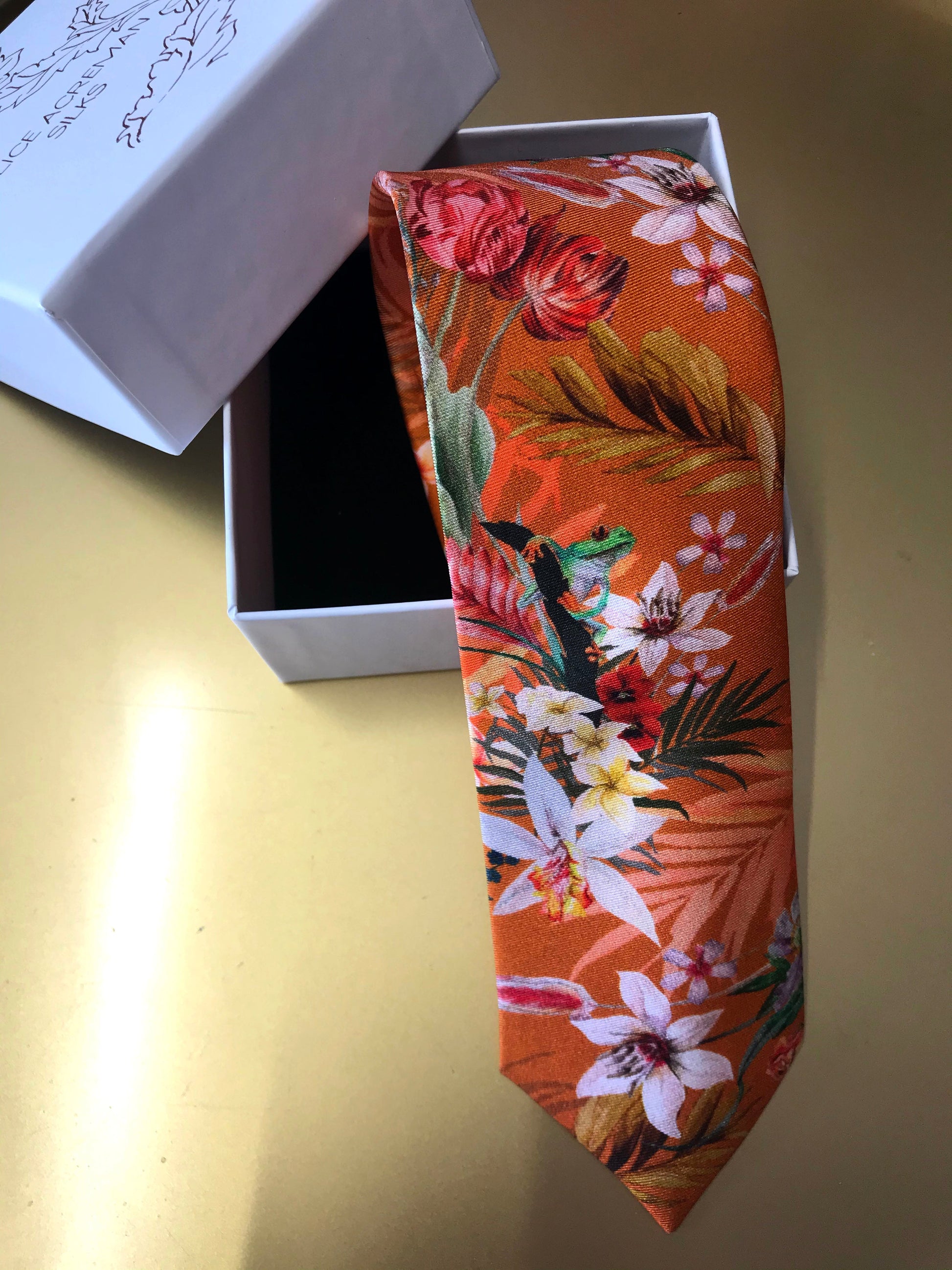 Rust Orange Silk Tie with Tropical Eden Print