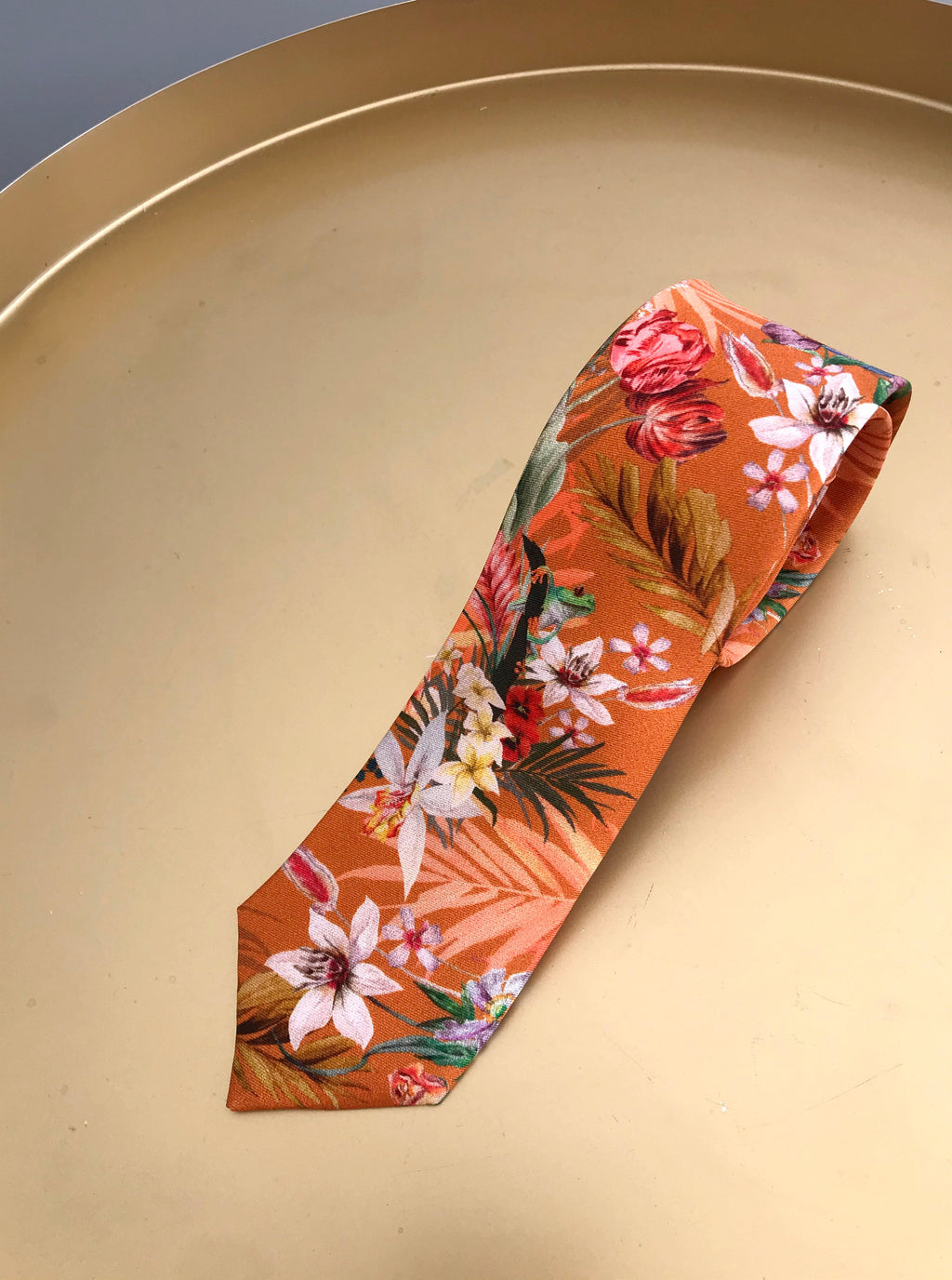 Rust Orange Silk Tie with Tropical Eden Print