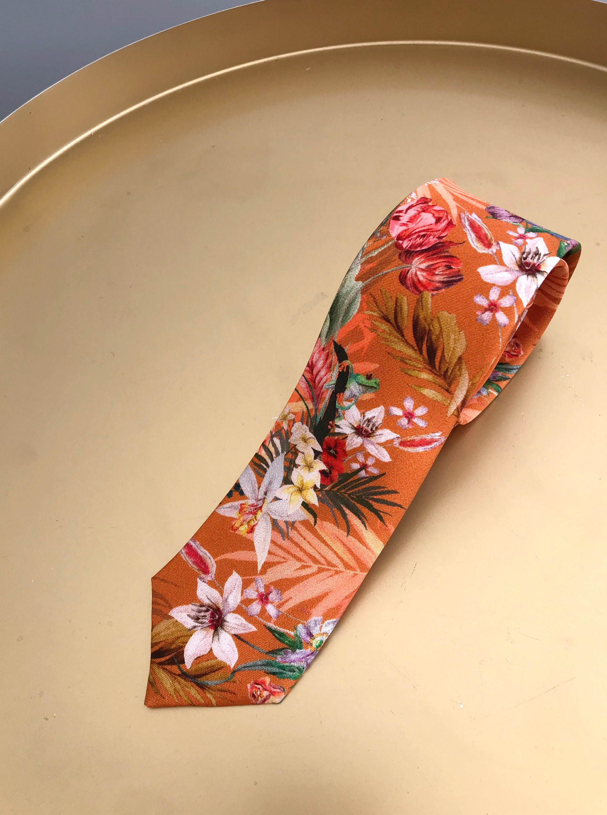 Rust Orange Silk Tie with Tropical Eden Print