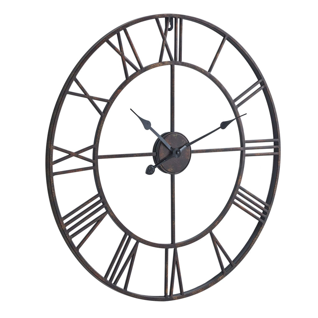 Bronze wall clock with open skeleton design, Roman numerals, and antique finish for industrial-chic decor  by sostter at brixbailey.com