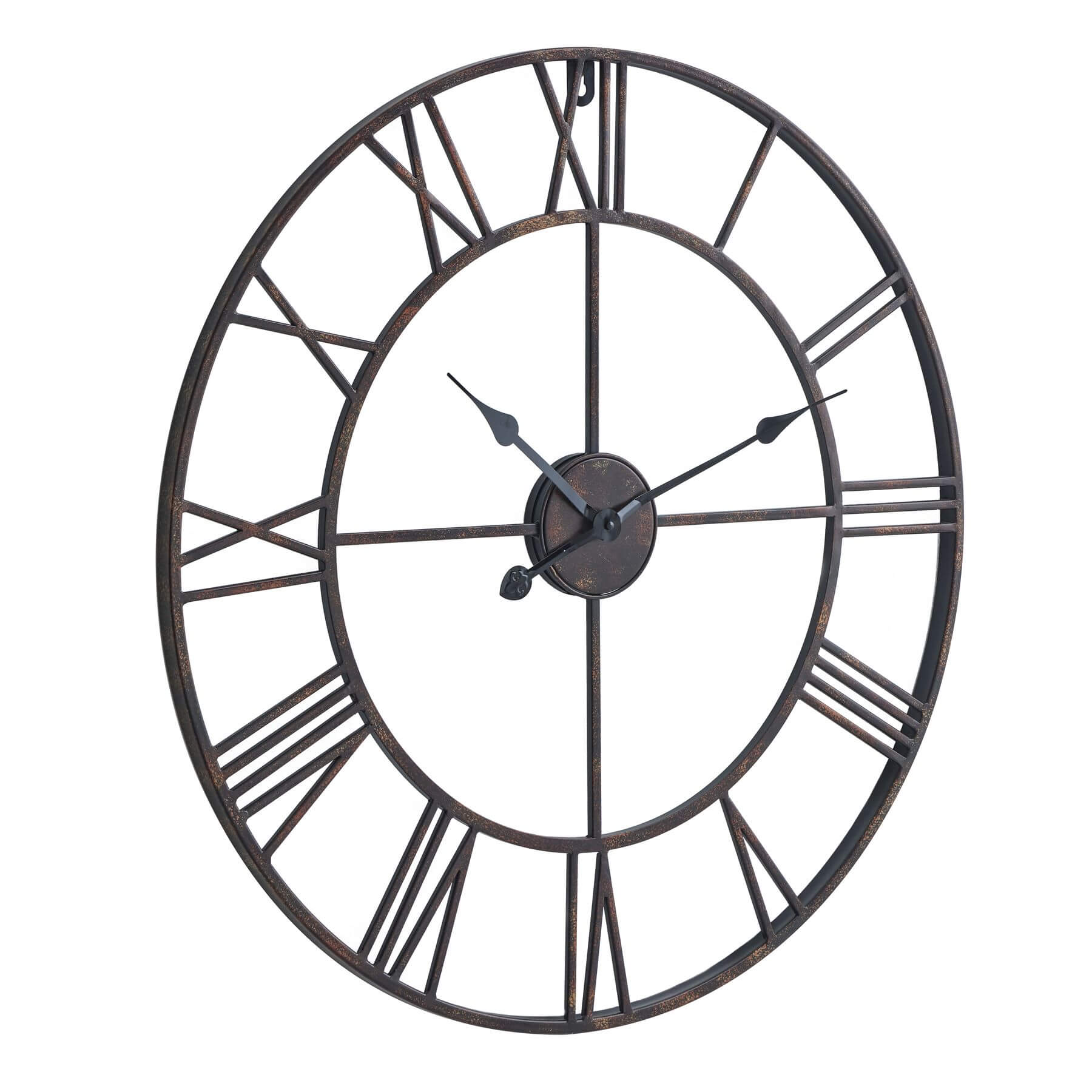 Bronze wall clock with open skeleton design, Roman numerals, and antique finish for industrial-chic decor  by sostter at brixbailey.com