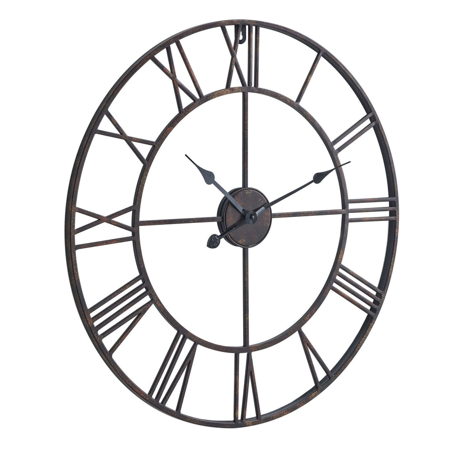 Bronze wall clock with open skeleton design, Roman numerals, and antique finish for industrial-chic decor  by Sostter at brixbailey.com