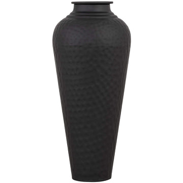 Handcrafted hammered steel vase with matte black finish, textured surface, and removable lid - 41cm modern decor statement piece by Sostter at brixbailey.com