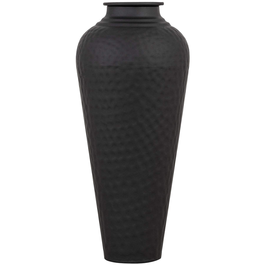 Handcrafted hammered steel vase with matte black finish, textured surface, and removable lid - 41cm modern decor statement piece by Sostter at brixbailey.com