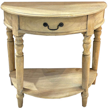 Half-moon console table in warm brown, solid wood with curved silhouette for entryways and tight spaces by Sostter at brixbailey.com