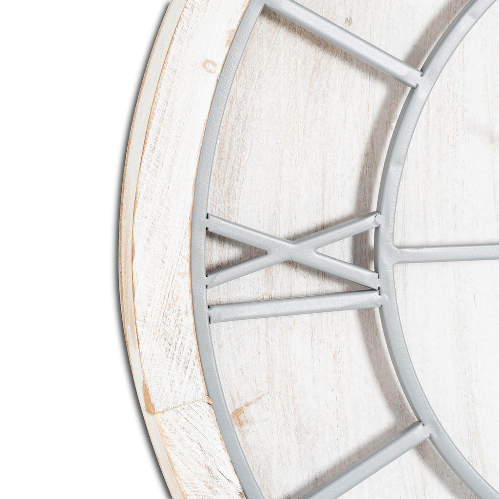 Whitewashed wood wall clock with grey metal roman numerals, 60cm diameter, classic neutral decor. by Sostter at brixbailey.com
