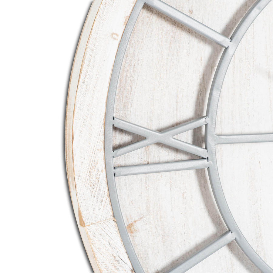 Whitewashed wood wall clock with grey metal roman numerals, 60cm diameter, classic neutral decor. by Sostter at brixbailey.com