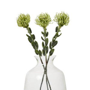 Lifelike pincushion protea spray with spherical blooms and lush green foliage, artisan-crafted faux botanical for home decor by sostter at brixbailey.com