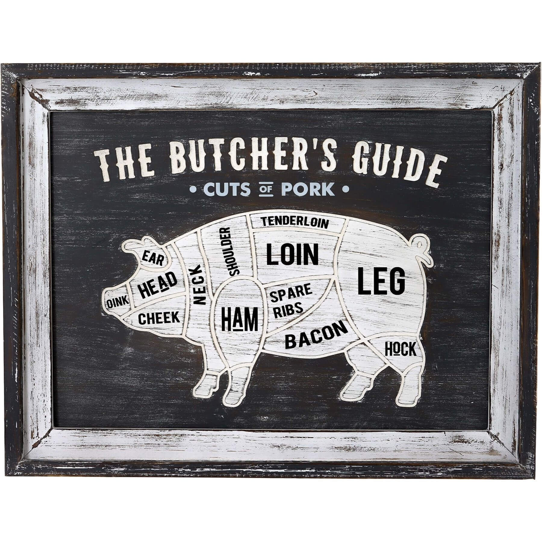 Vintage butcher's guide wall plaque with beef cut diagram, white graphics on wood, distressed silver frame, farmhouse kitchen decor by RoomLondon at brixbailey.com