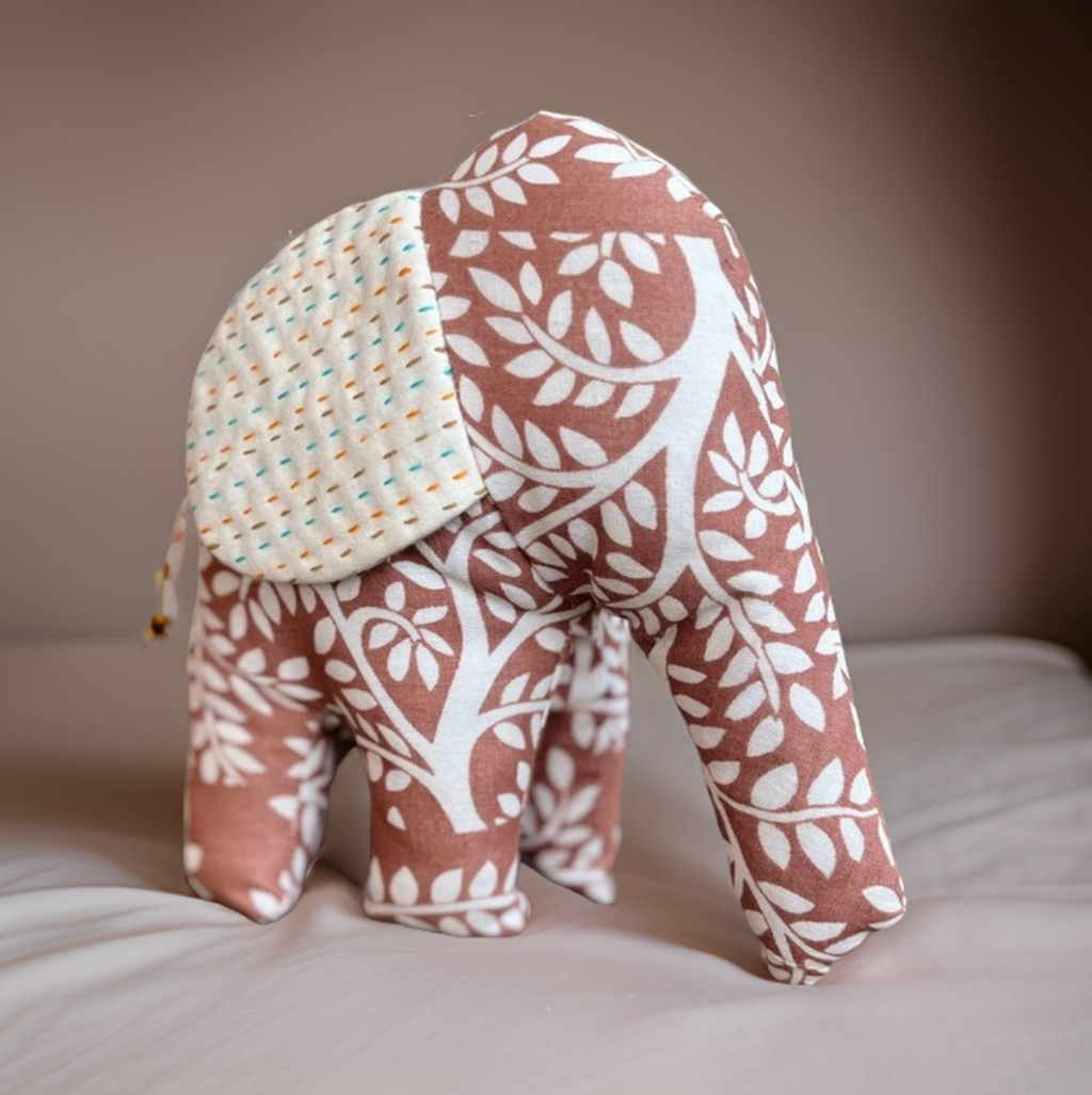 Handmade Soft Plush Elephant, Fair Trade Elephant Decor, Bengali Cotton with Kantha Stitch