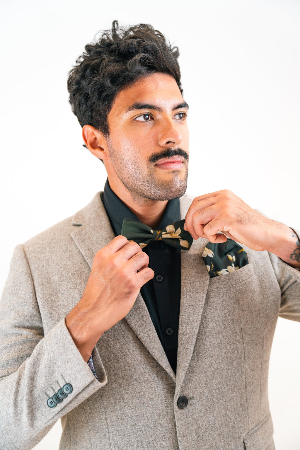 Green Silk Pocket Square and Bow Tie Forest Moth Print