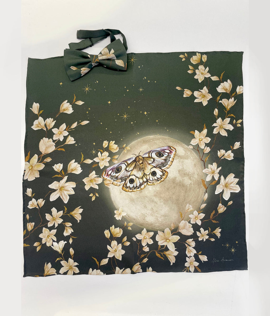 Green Silk Pocket Square and Bow Tie Forest Moth Print