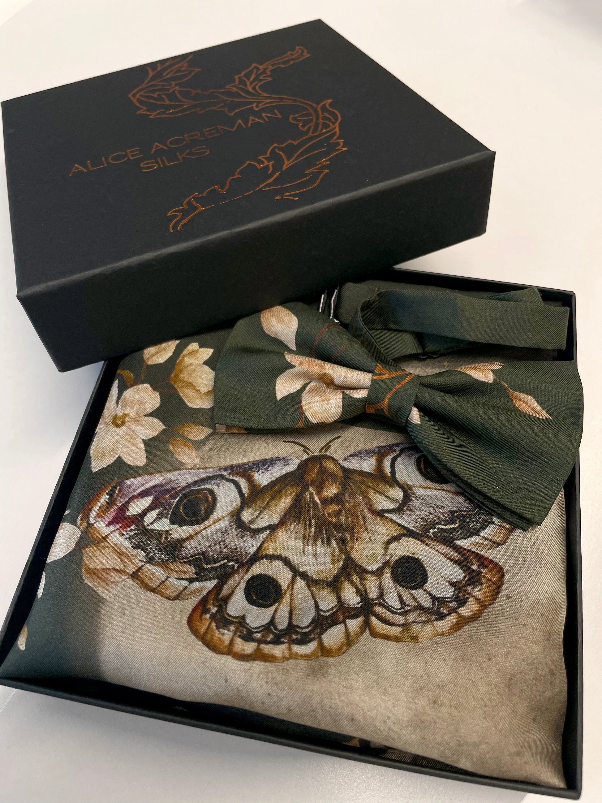 Green Silk Pocket Square and Bow Tie Forest Moth Print