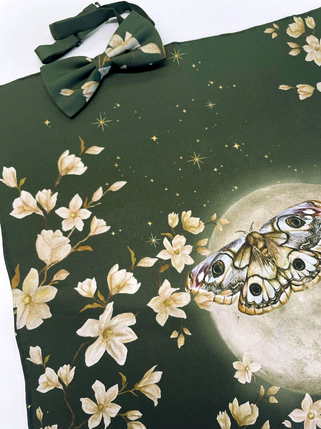 Green Silk Pocket Square and Bow Tie Forest Moth Print