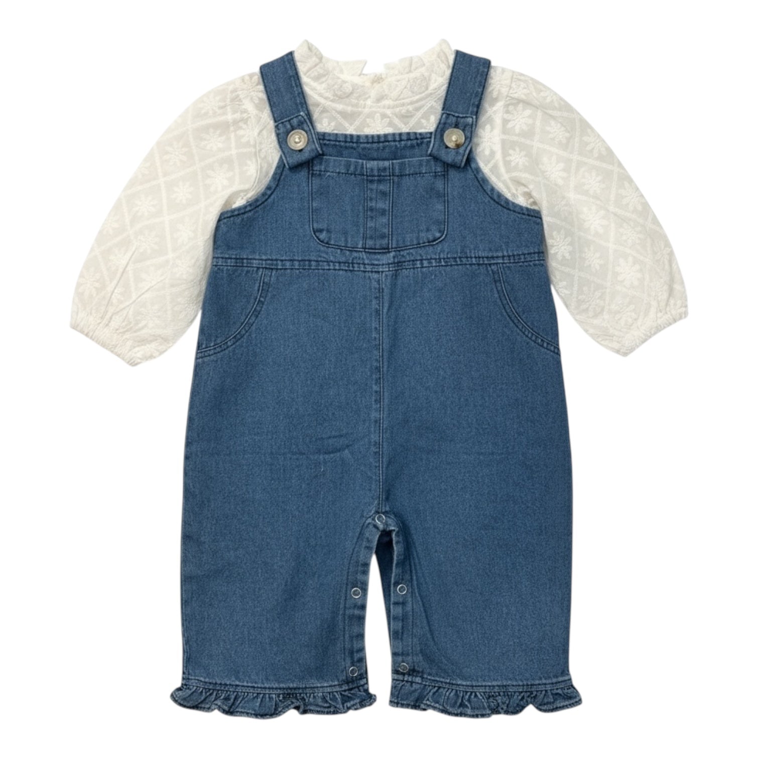 Embroidered Blouse and Denim Dungaree Set