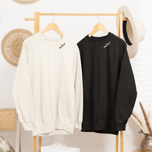 bold black organic cotton sweatshirt for dad with stark white vater collar embroidery