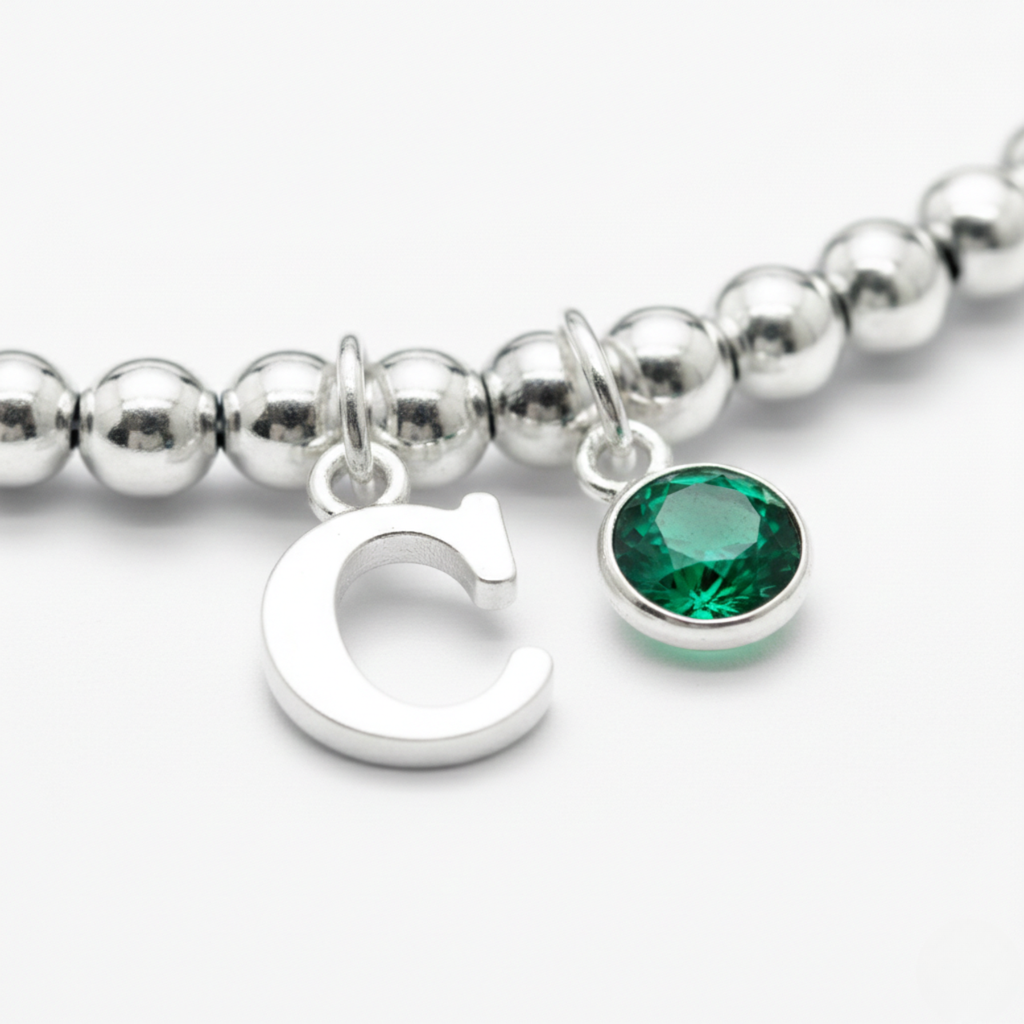Personalised May Birthday Initial Letter and Birthstone Bracelet