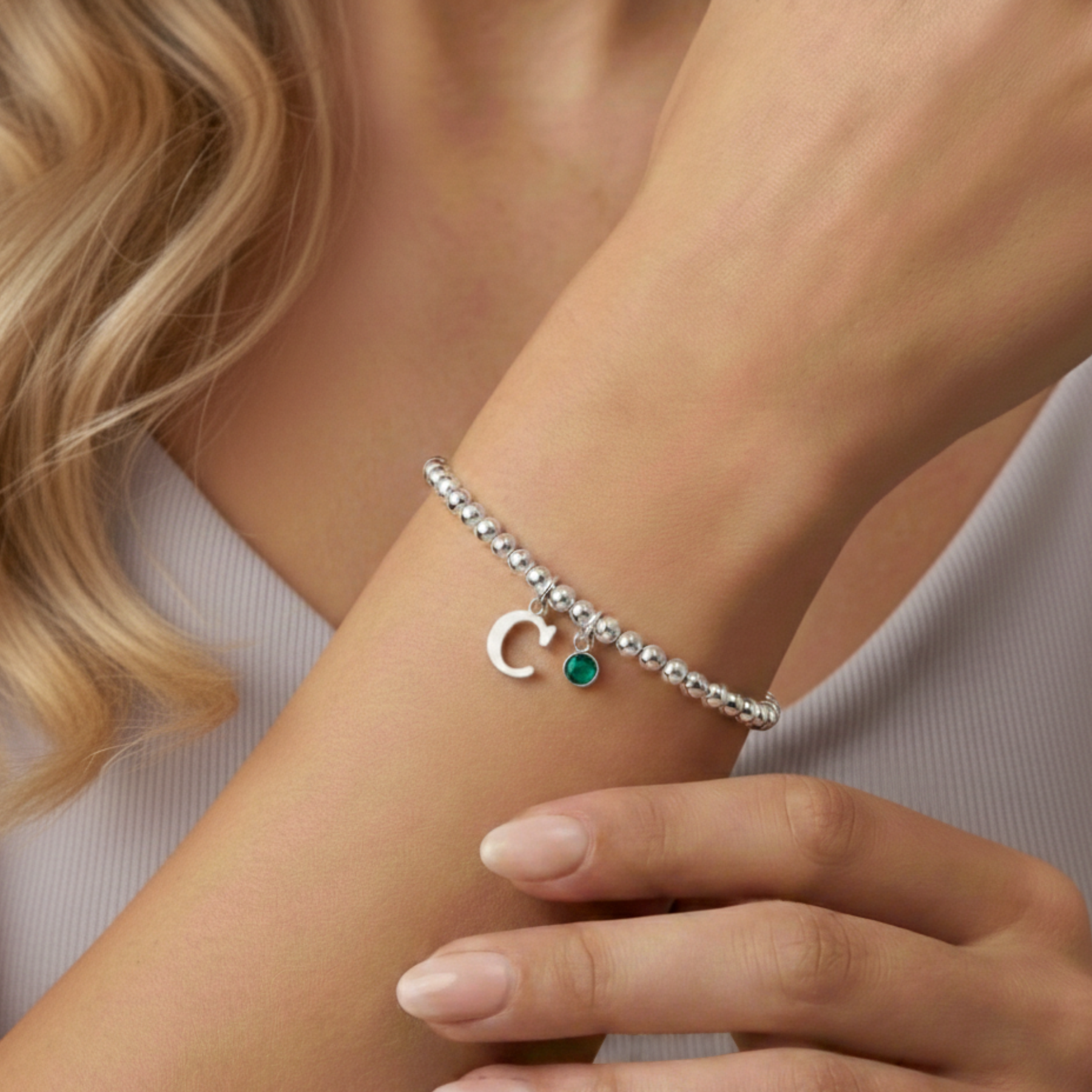 Personalised May Birthday Initial Letter and Birthstone Bracelet