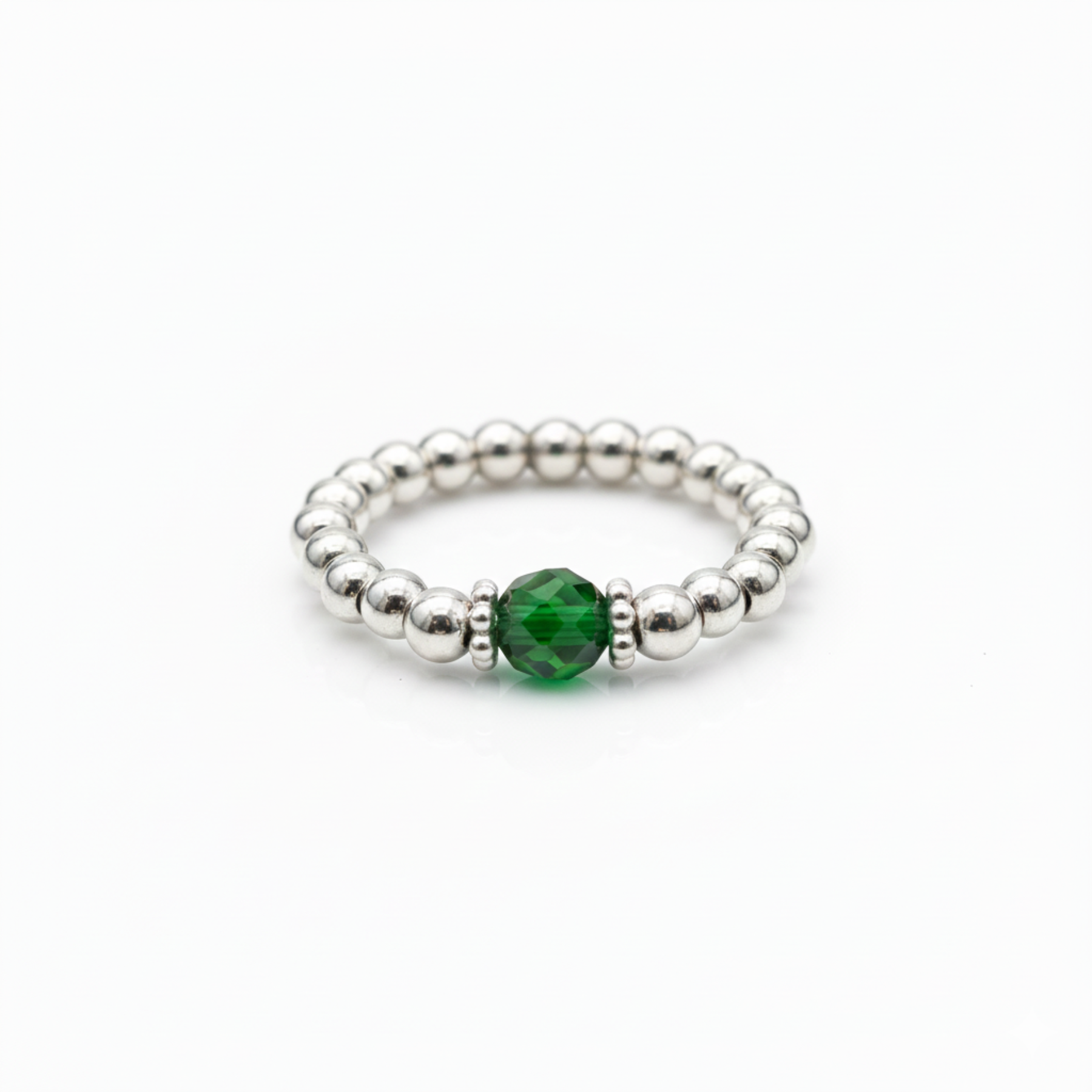 Emerald Crystal Ring with Silver Beads