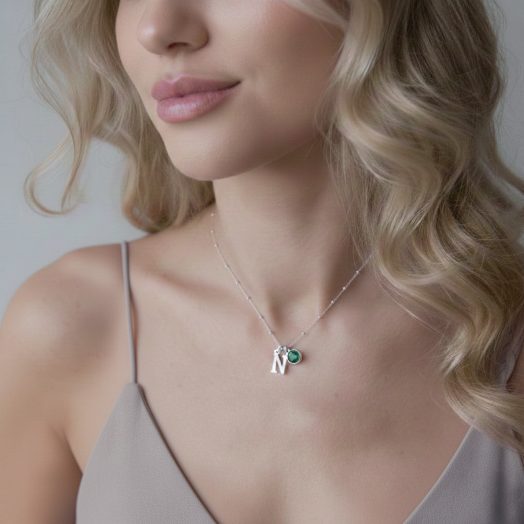 May Birthstone Initial Charm Necklace in Sterling Silver