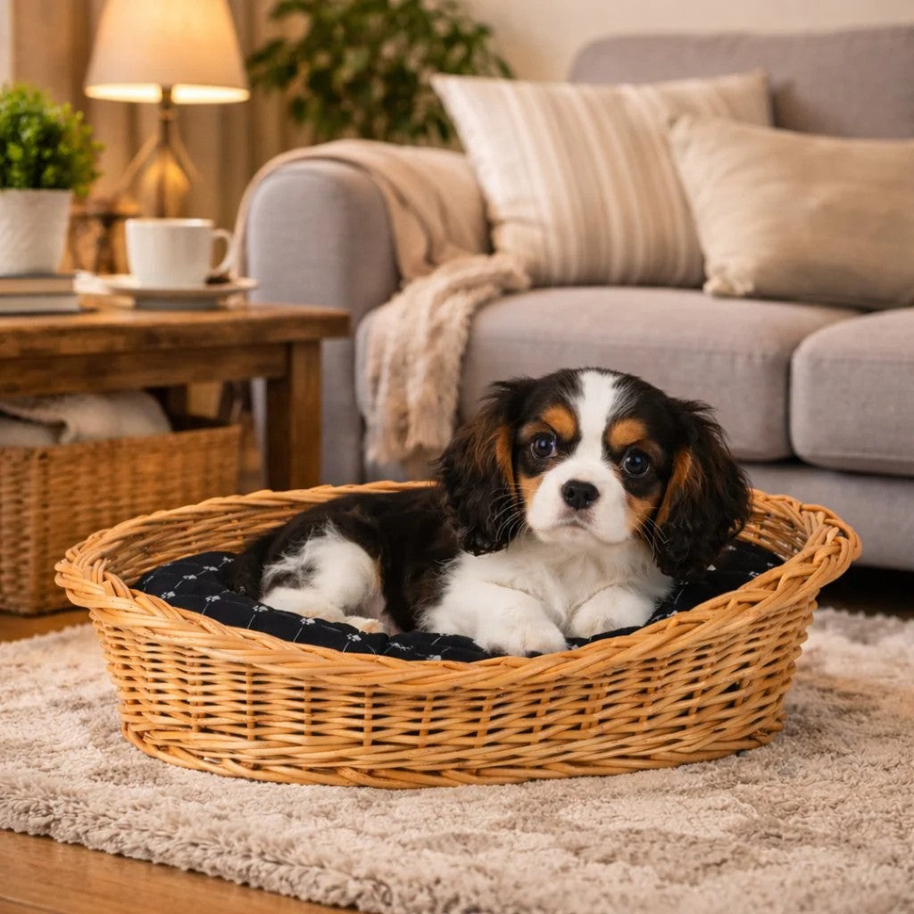 Enovia Natural Wicker Dog Bed With Black Cushion, 75x57 cm