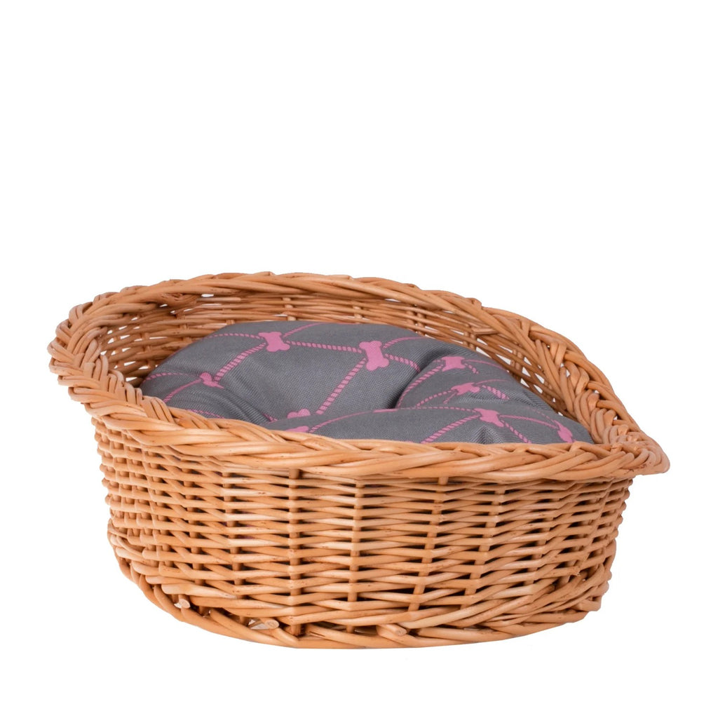 Enovia Natural Wicker Dog Bed With Grey And Pink Cushion, 65x46 cm