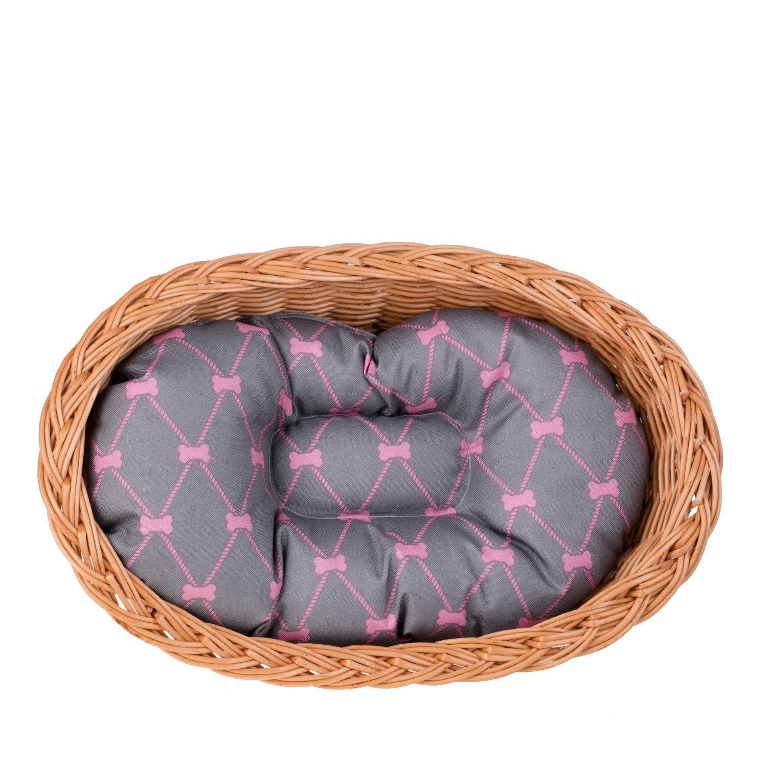 Enovia Natural Wicker Dog Bed With Grey And Pink Cushion,  75x57 cm