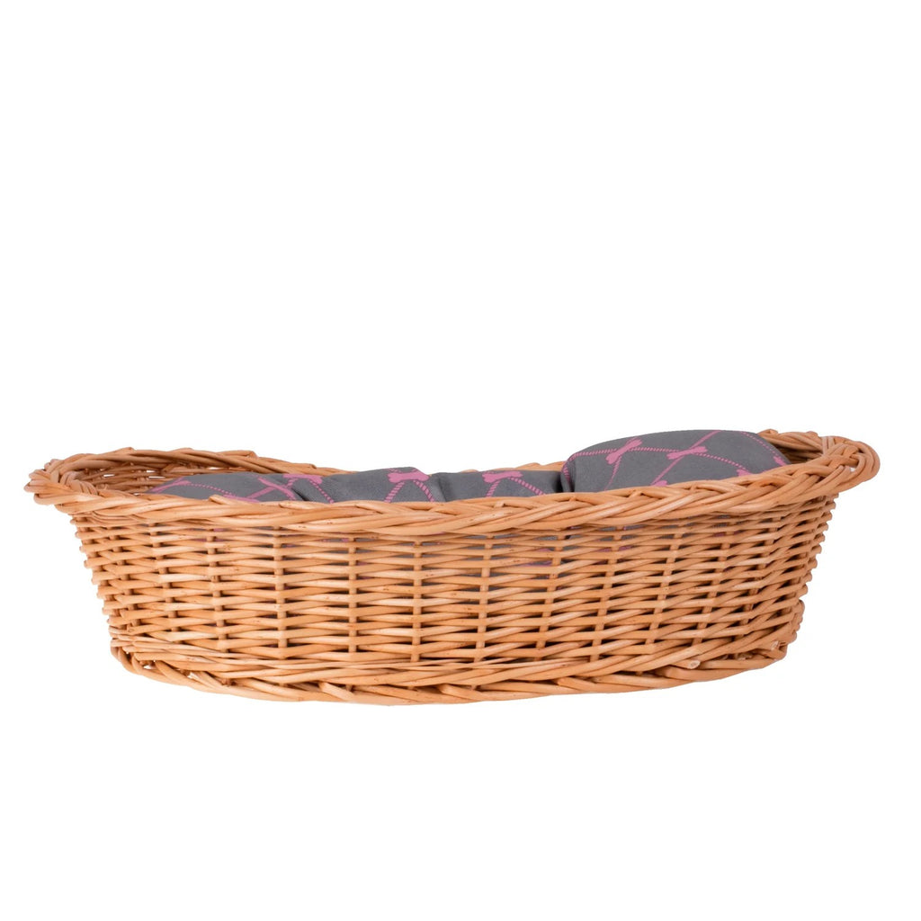 Enovia Natural Wicker Dog Bed With Grey And Pink Cushion, 65x46 cm