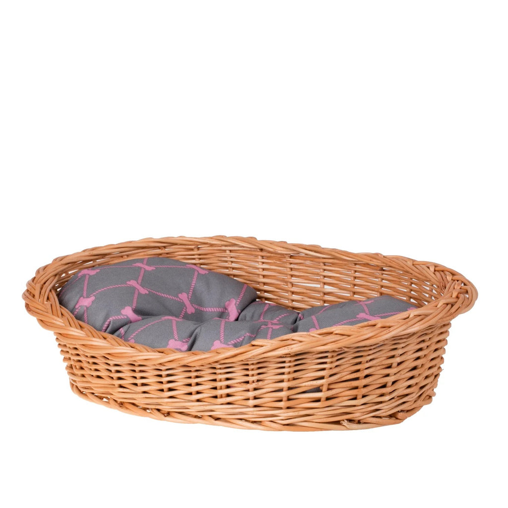 Enovia Natural Wicker Dog Bed With Grey And Pink Cushion, 70x54 cm
