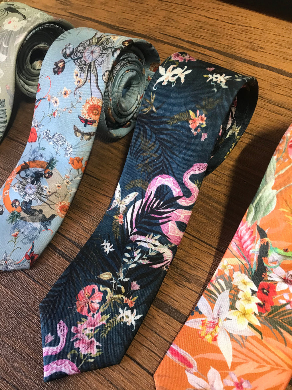 Navy Blue Silk Tie with Pink Serpent and Tropical Flower Design