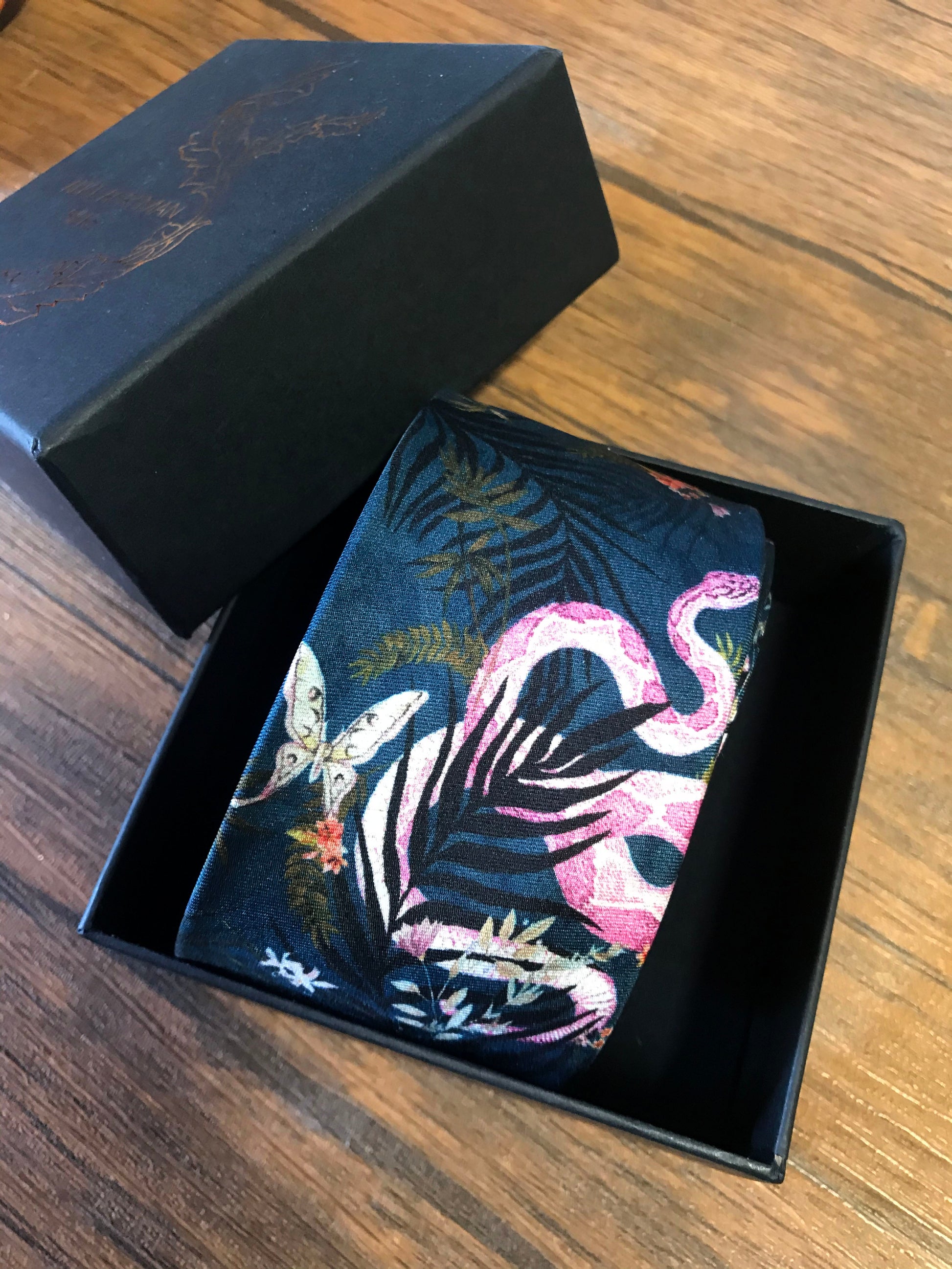 Navy Blue Silk Tie with Pink Serpent and Tropical Flower Design