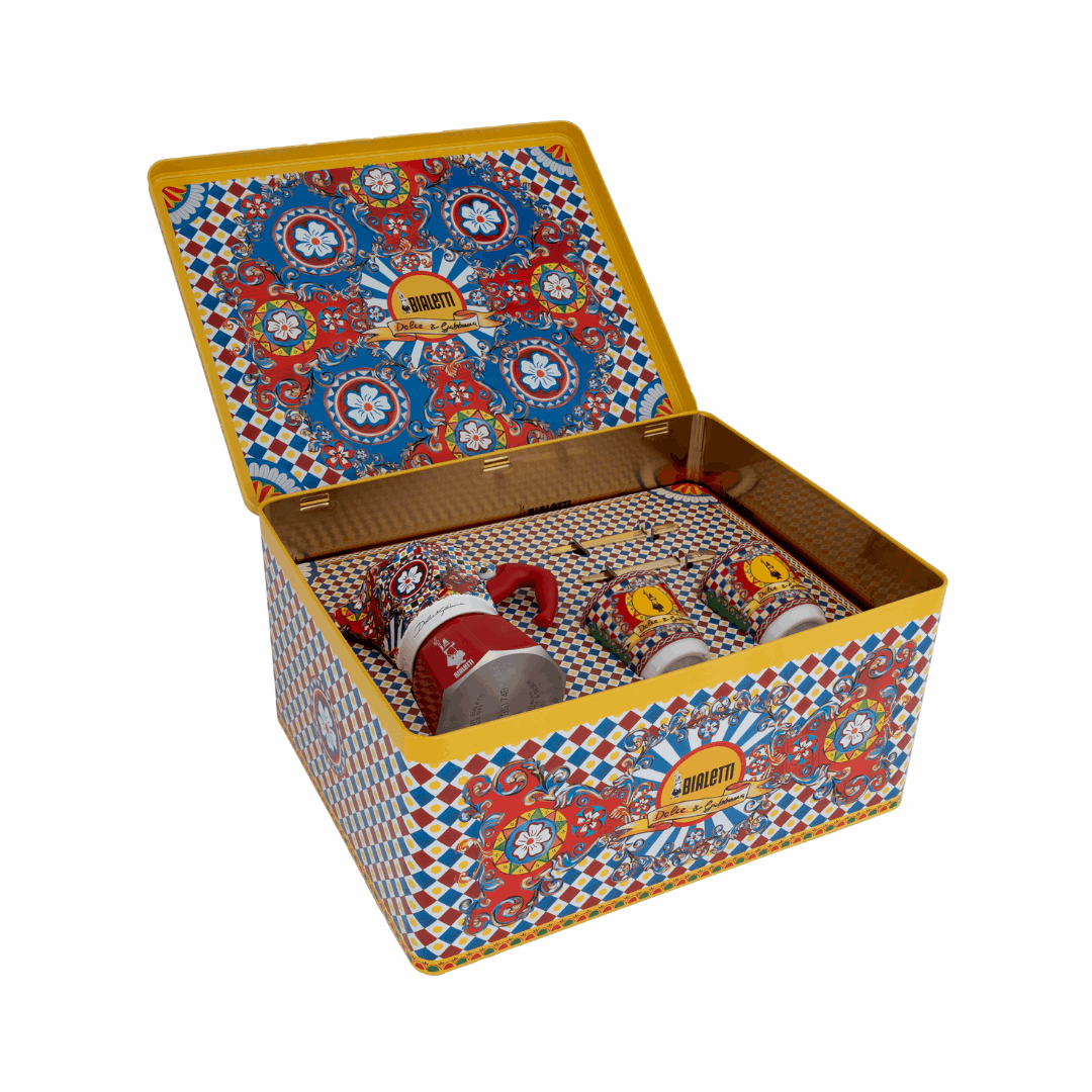 Sicilian Cart Moka 2 Cup Gift Set with Espresso Cups and Gold Stirrers