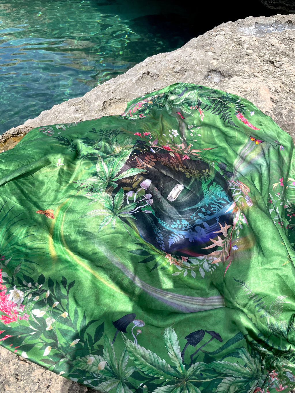 Large Green Silk Scarf with Mushroom and Crystal Evissa Print