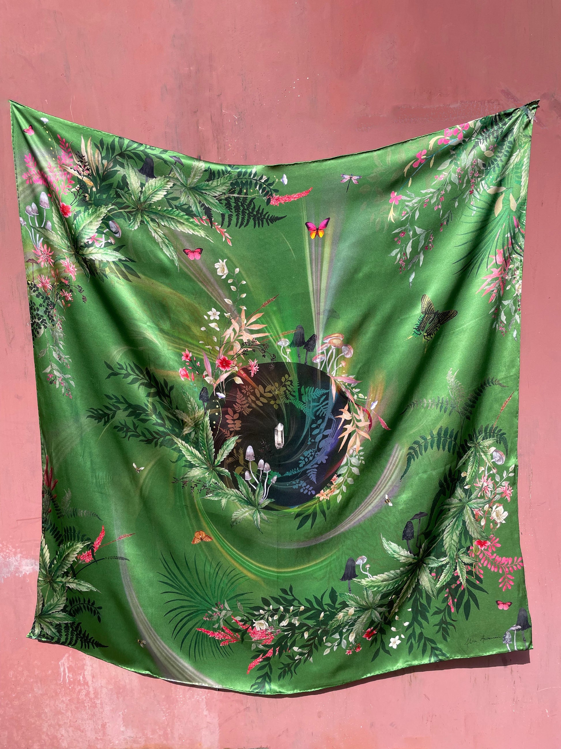Large Green Silk Scarf with Mushroom and Crystal Evissa Print
