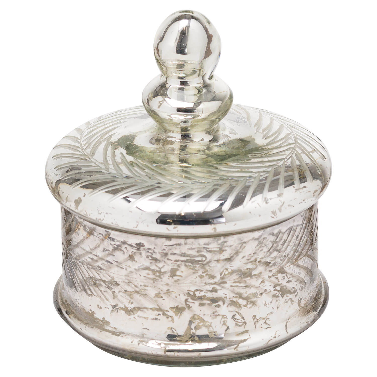 Handcrafted glass trinket jar with silver foil finish and etched pattern, perfect for jewelry storage or decor. by RoomLondon at brixbailey.com