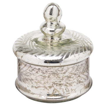 Handcrafted glass trinket jar with silver foil finish and etched pattern, perfect for jewelry storage or decor. by Sostter at brixbailey.com