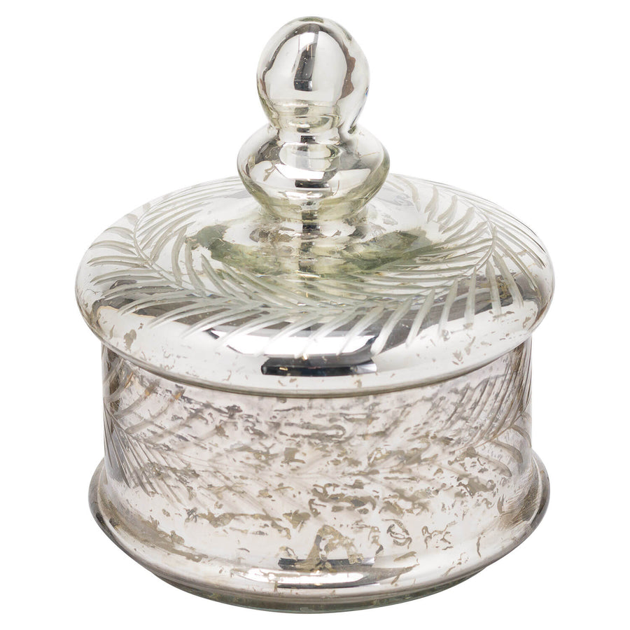 Handcrafted glass trinket jar with silver foil finish and etched pattern, perfect for jewelry storage or decor. by Sostter at brixbailey.com