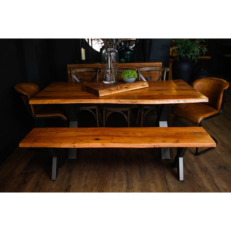 Handcrafted acacia wood dining table with live edges and metal cross-frame base, seats 8, natural brown with grey accents. by Sostter at brixbailey.com