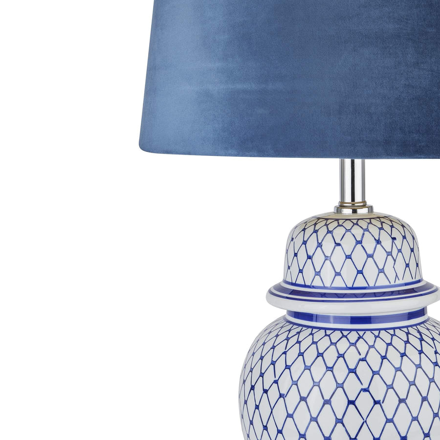 Hand-painted blue and white ceramic ginger jar lamp with velvet shade, elegant home decor accent. by Sostter at brixbailey.com