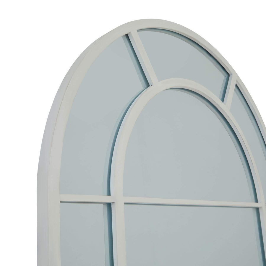 White arched window mirror with Gothic-inspired detailing, elegant wood frame, and clean lines for modern or traditional decor. by Sostter at brixbailey.com