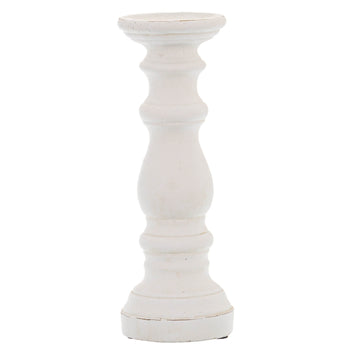 Minimalist white ceramic column candle holder with silver pinecone finial, 31cm tall, matte finish for ambient lighting by Sostter at brixbailey.com